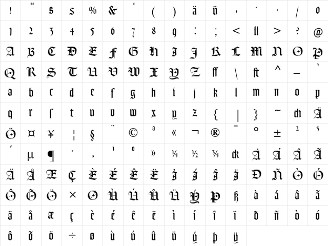 Goudy Text MT Dfr  glyph index