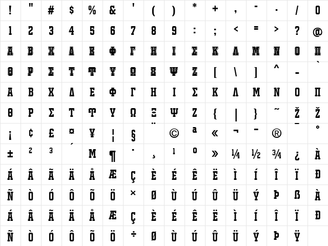 JACKPORT GREEK NCV Regular  glyph index
