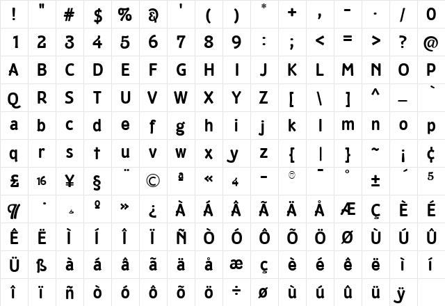 TFMaltbyAntique Bold  glyph index