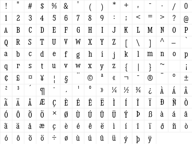 Kingsbridge Condensed Book  glyph index