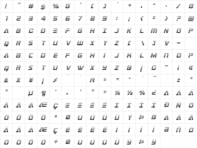 Astro Armada Gradient Italic Regular  glyph index