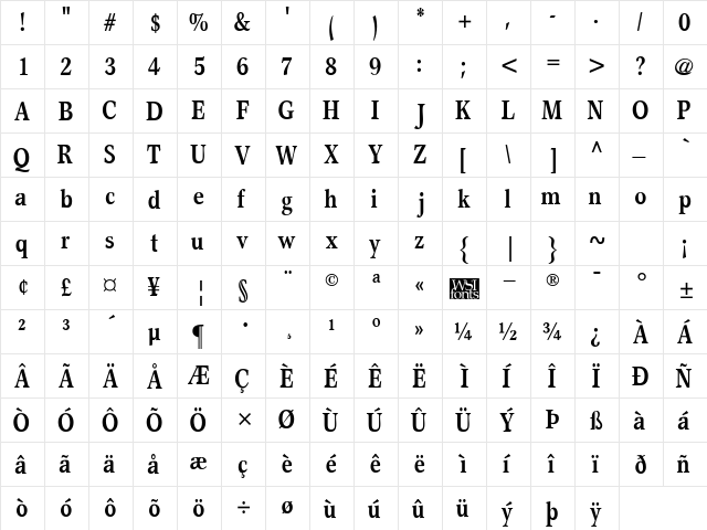 StewardCond Bold  glyph index