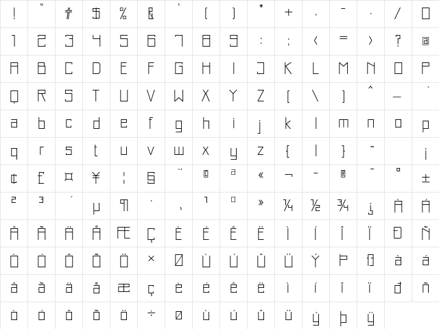 Just Square LT Std Thin  glyph index
