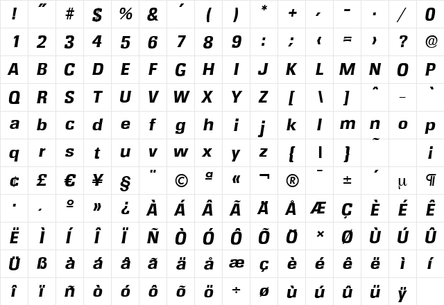 RochesterSerial-Xbold Italic  glyph index