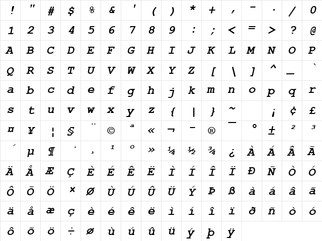 Courier New Bold Italic  glyph index
