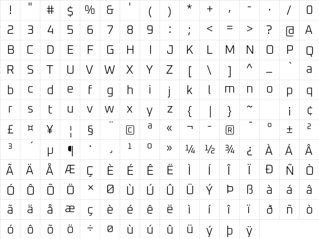 Oxanium Light  glyph index