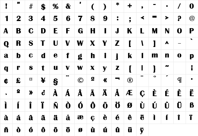 Grenoble Heavy SF Bold  glyph index