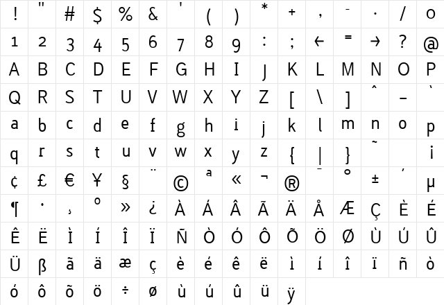 Lacuna Regular Regular  glyph index