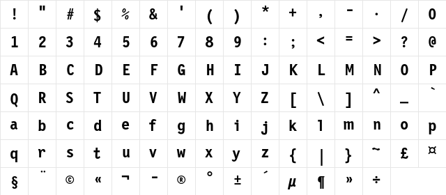 NewLetterGothicC Bold  glyph index