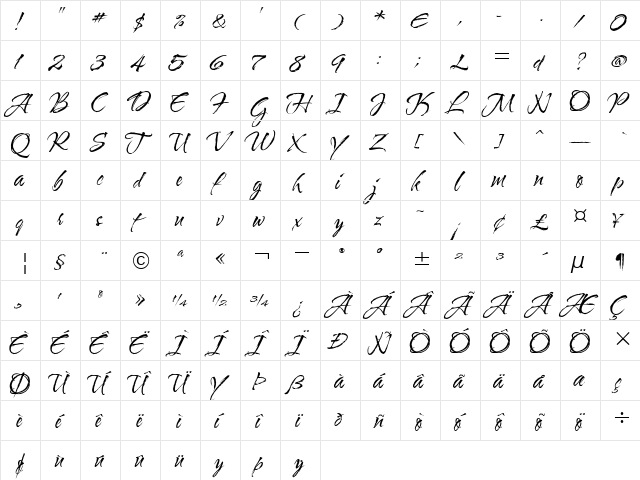 WaterBrushROB Regular  glyph index