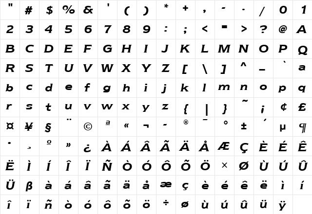 NewtextBookITC Demi Italic  glyph index