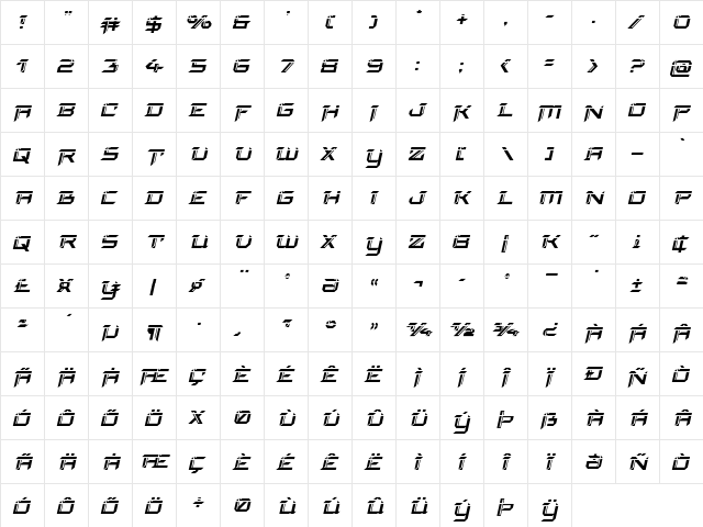 Final Front Laser Italic Italic  glyph index