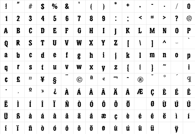 Jigsaw SF Bold  glyph index