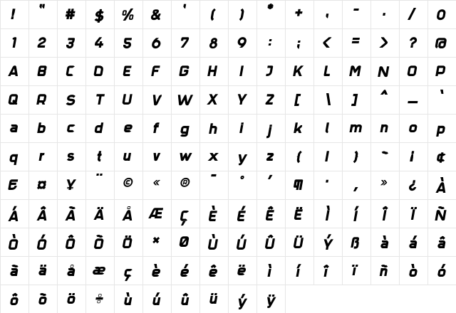 Trak Black  glyph index