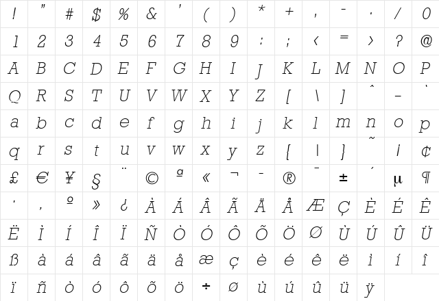 EugeneBecker-ExtraLight Italic  glyph index
