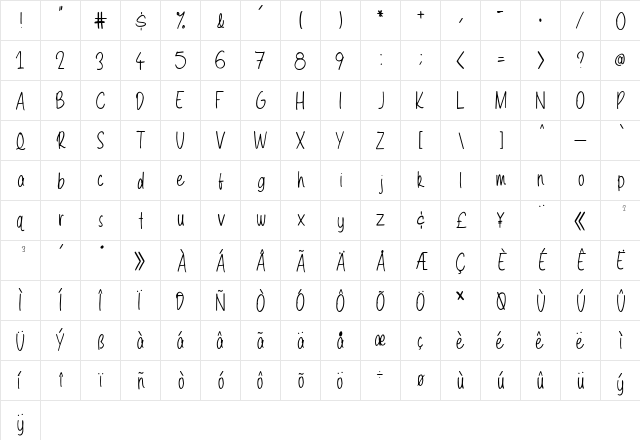 Wilson Hand Regular  glyph index