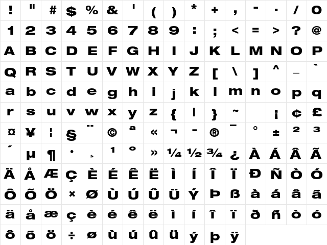 Helvetica Neue LT Std 83 Heavy Extended  glyph index