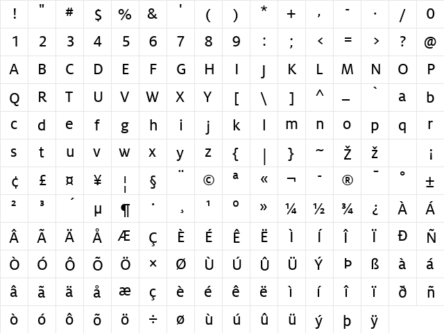 MiloTF-Text Regular  glyph index