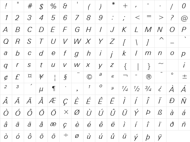 Zurich Light Italic  glyph index