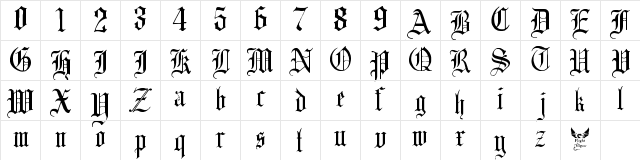 English Gothic, 17th c. Regular  glyph index