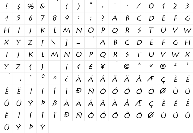 Listium Oblique  glyph index