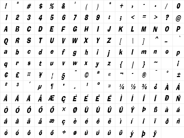 Alor-Condensed Italic  glyph index