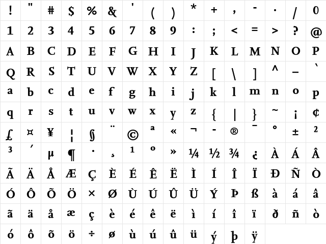 NexusSerifTF-Bold Regular  glyph index