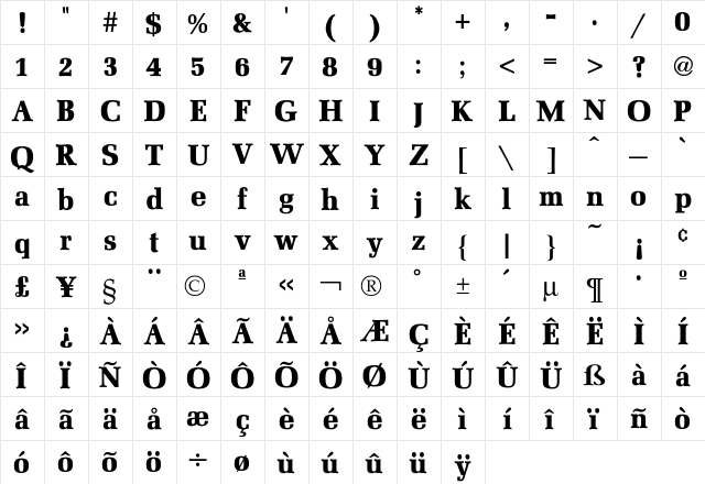 Mezzo Bold  glyph index