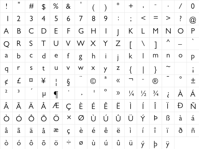 Gill Sans MT Pro Book  glyph index