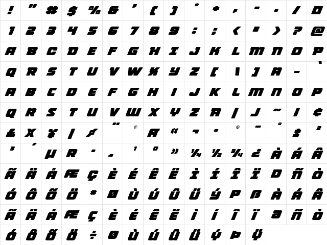 Victory Comics Expanded Italic Expanded Italic  glyph index