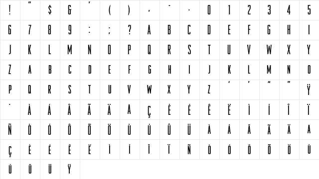 OdeonCondensedRegular Regular  glyph index