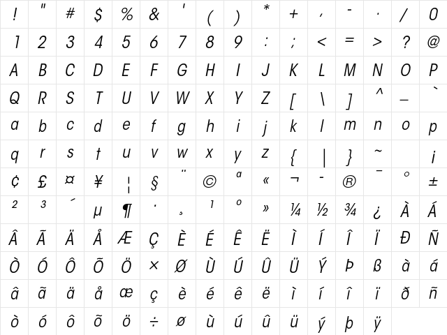 ITC Avant Garde Gothic Std Book Condensed Oblique  glyph index