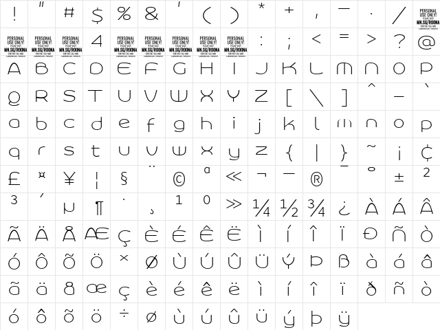 Roona Sans Thin PERSONAL Regular  glyph index