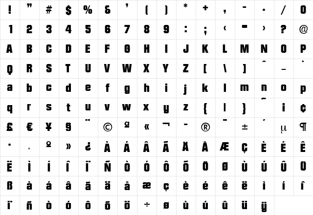 SeanBecker-Heavy Regular  glyph index