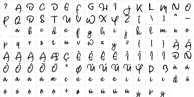bawnee Regular  glyph index