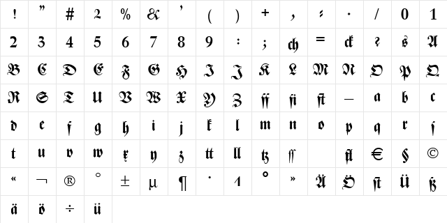 Z690-Blackletter Bold  glyph index