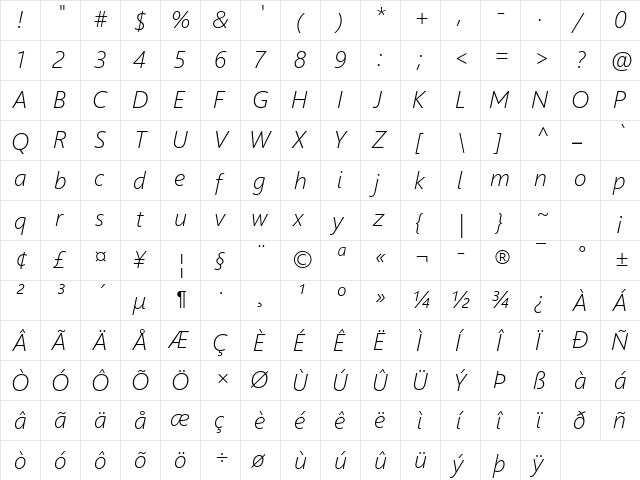 Segoe UI Light Italic  glyph index