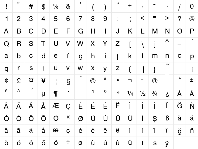 NimbusSanNo5TTU Regular  glyph index