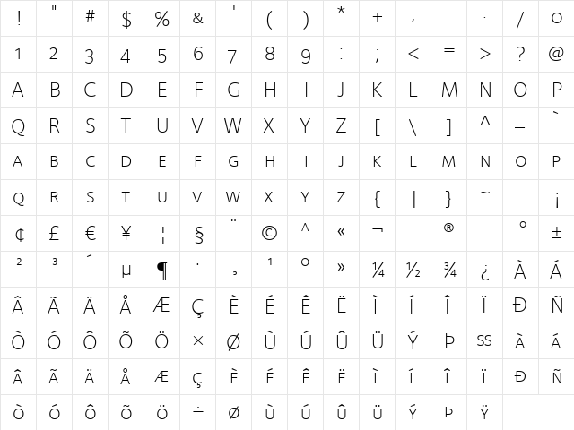 FoundrySterling-LightExpert Regular  glyph index