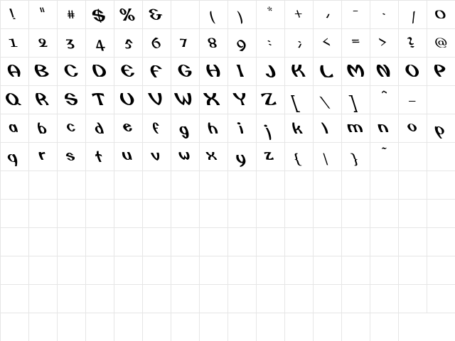 Camberic Lefty Regular  glyph index