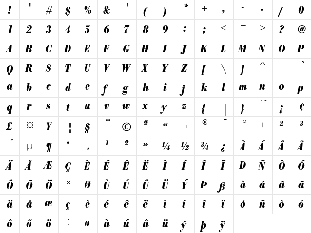 BodoniEF BoldCondIta  glyph index