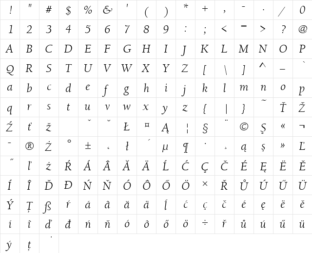 BerkeleyOldStyItcTEE Italic  glyph index