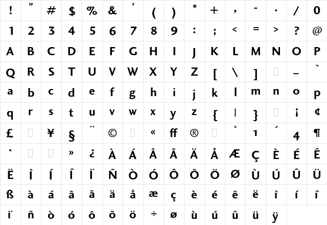 Charlotte Sans Bold Plain  glyph index