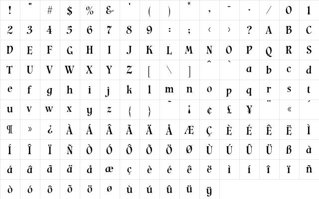 Cavalier Regular  glyph index