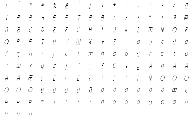 Eden Mills Gaunt Italic  glyph index