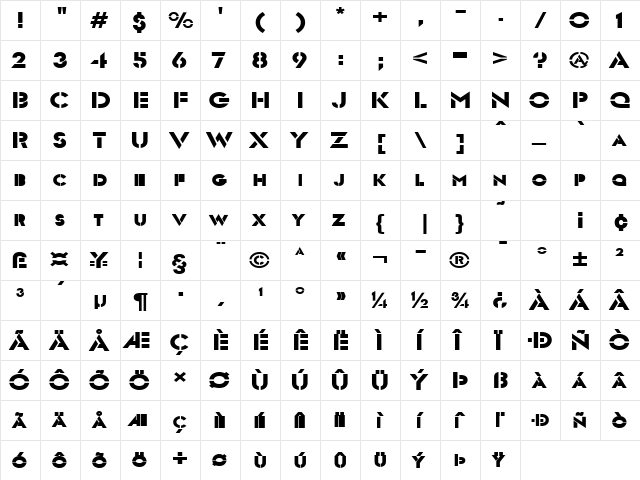 Templett Wide Bold  glyph index