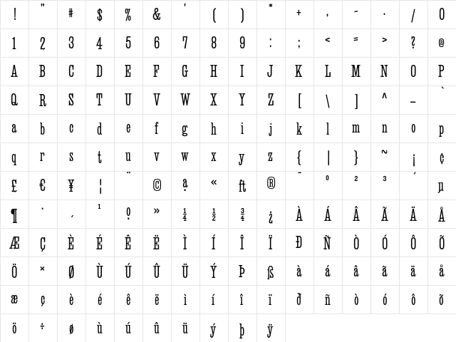 Deadwood Halfwide Light  glyph index