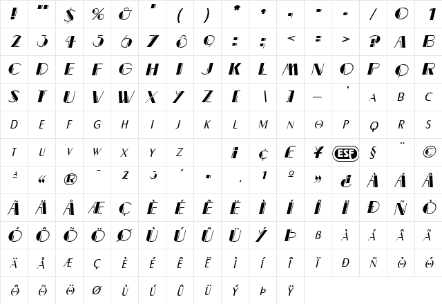 Dalith Oblique  glyph index