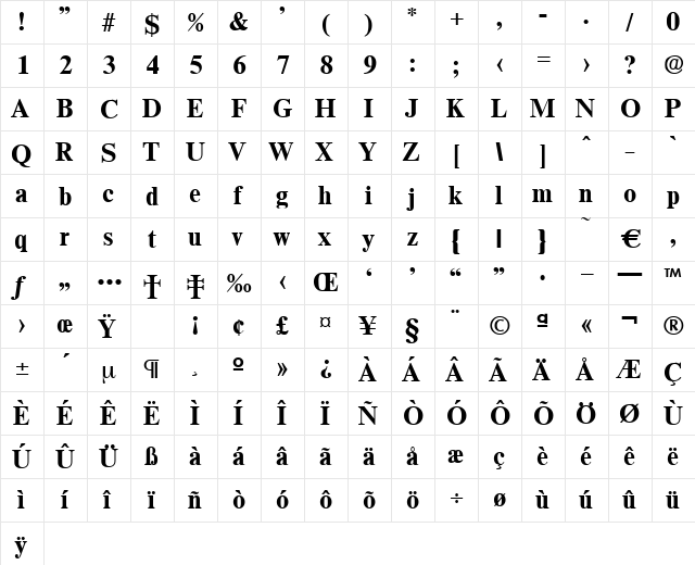 Thames-Bold Regular  glyph index