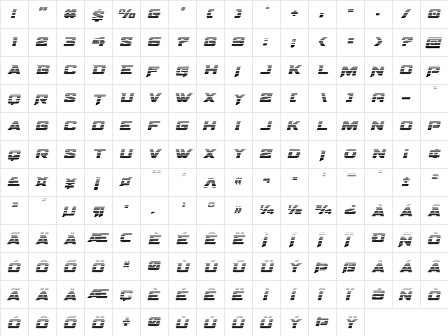 Bomber Escort Gradient Italic Regular  glyph index